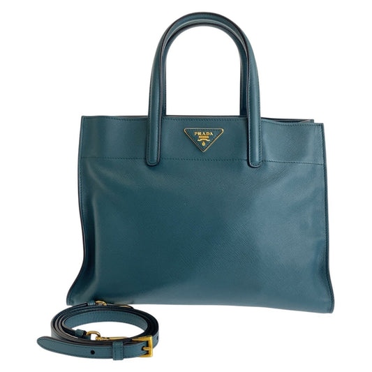 PRADA Tote Bag leather green 2way Tote Bag Safiano Triangle With logo Women Used Authentic