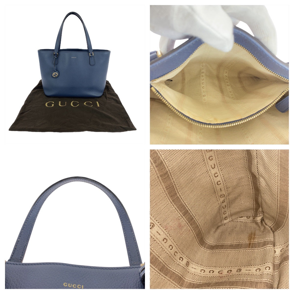 GUCCI Tote Bag 388561 leather Blue GoldMetal Tote Bag Shoulder Bag Interlocking Women Used Authentic