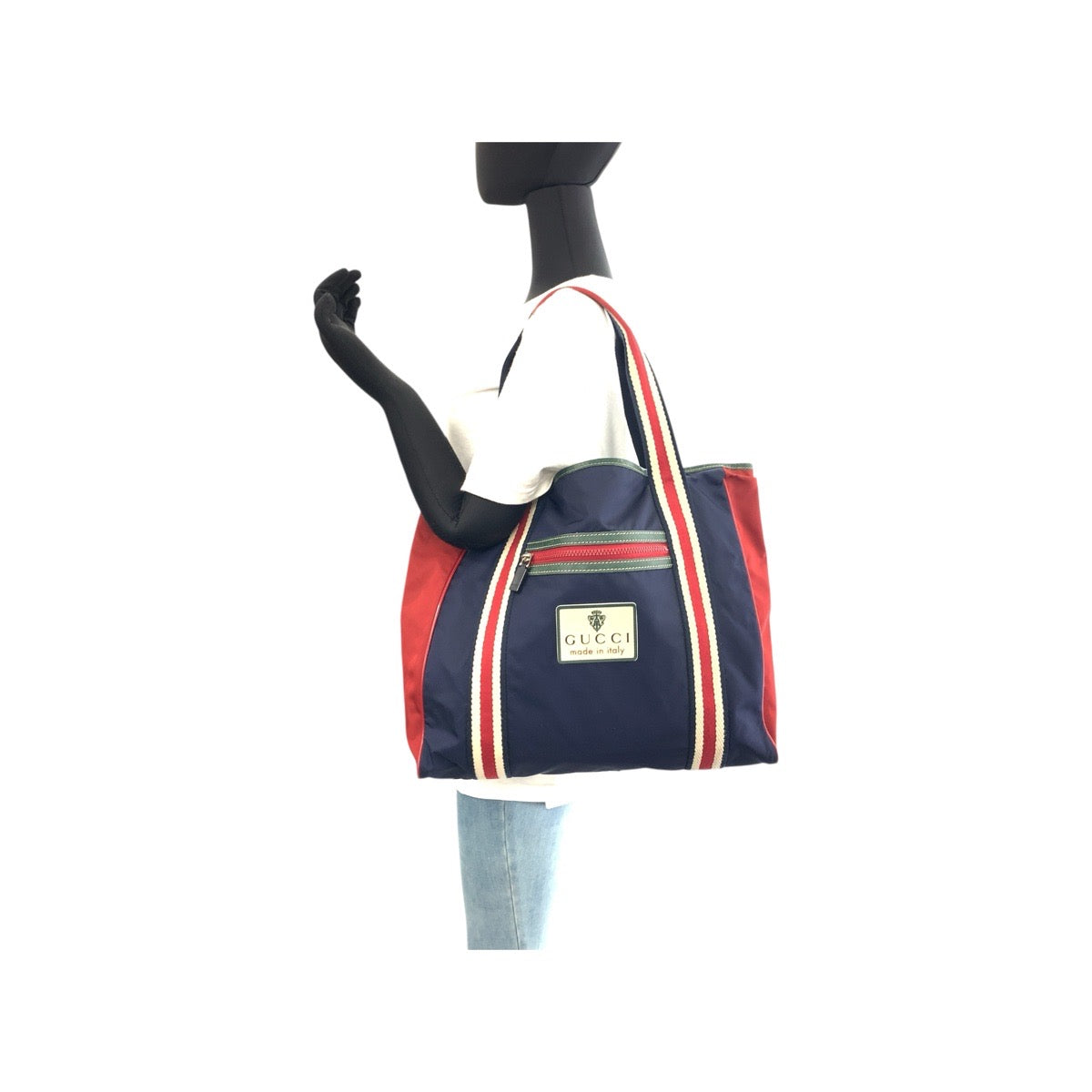 GUCCI Tote Bag 189665 Nylon Navy red green Tote Bag Shoulder Bag Sherry line Crest mens Used Authentic