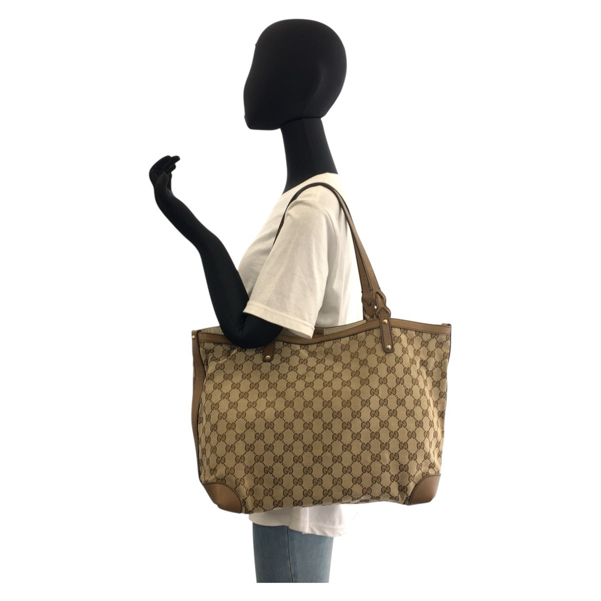 GUCCI Tote Bag 247209 GG canvas, leather Beige Gold Metal Tote Bag Shoulder Bag Women Used Authentic