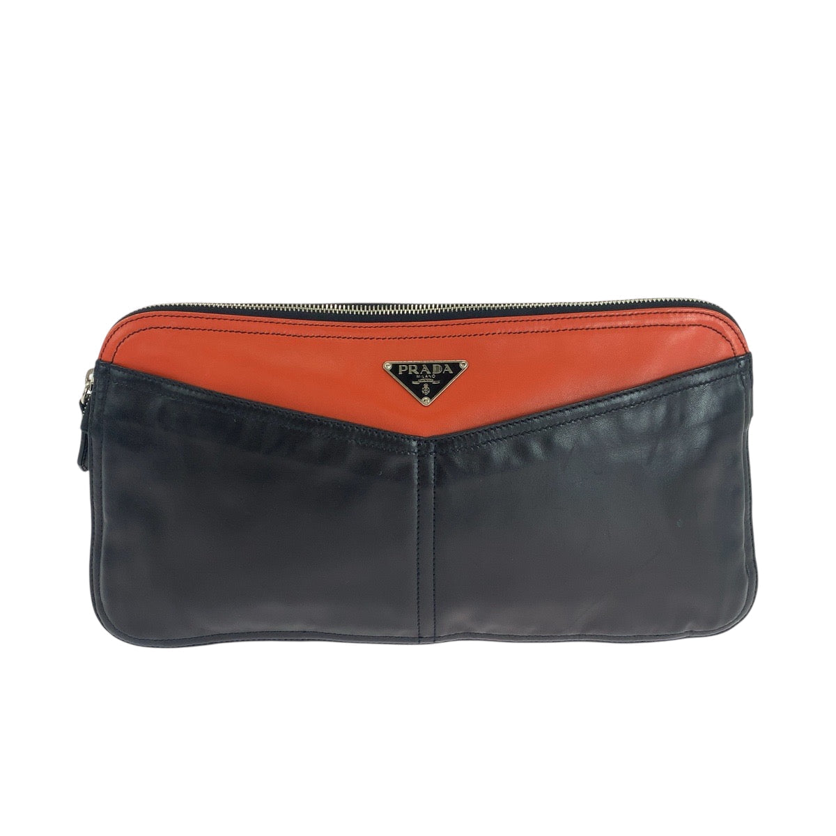 PRADA Clutch bag leather Black Orange SilverMetal Clutch bag business bag Triangle With logo Women Used Authentic