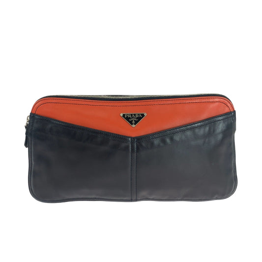 PRADA Clutch bag leather Black Orange SilverMetal Clutch bag business bag Triangle With logo Women Used Authentic