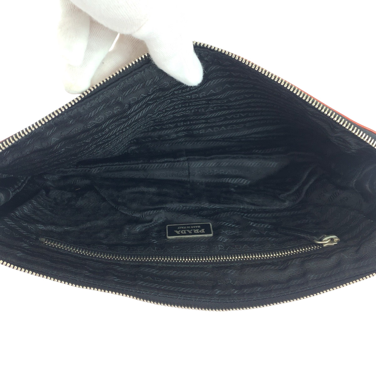 PRADA Clutch bag leather Black Orange SilverMetal Clutch bag business bag Triangle With logo Women Used Authentic