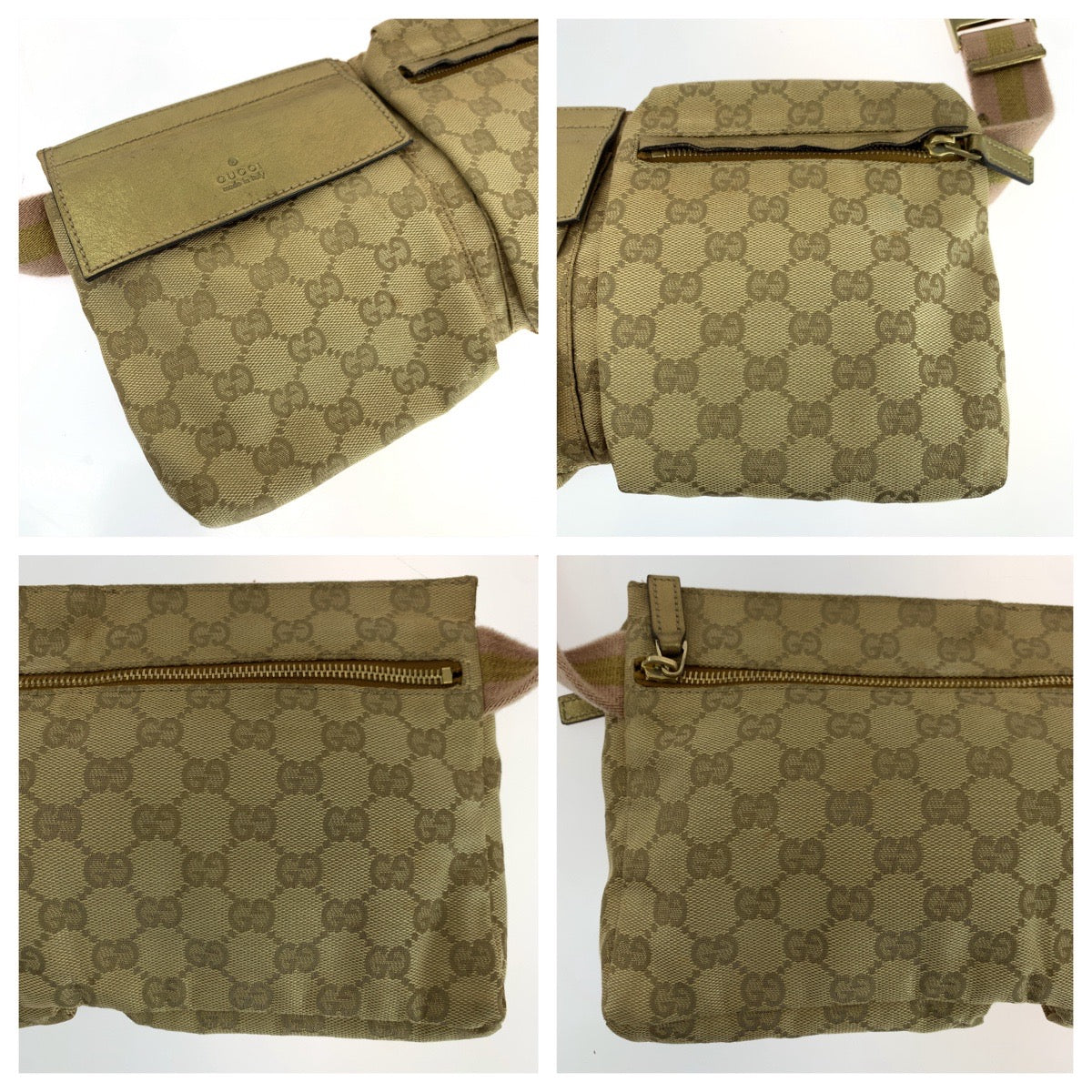 GUCCI Waist bag 28566 GG canvas Beige Gold Pink GoldMetal Waist Bag Bum Bag Sherry line Women Used Authentic