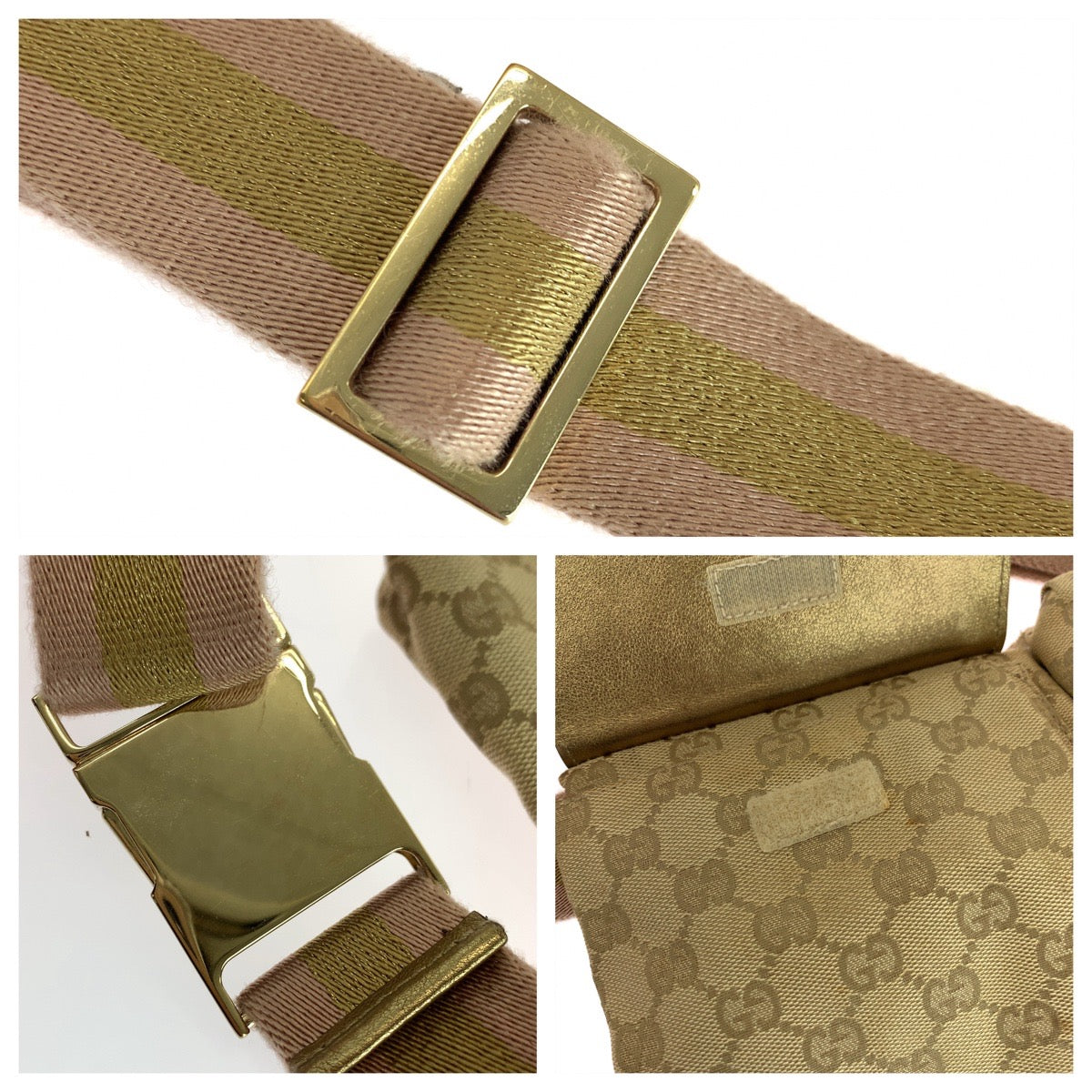 GUCCI Waist bag 28566 GG canvas Beige Gold Pink GoldMetal Waist Bag Bum Bag Sherry line Women Used Authentic