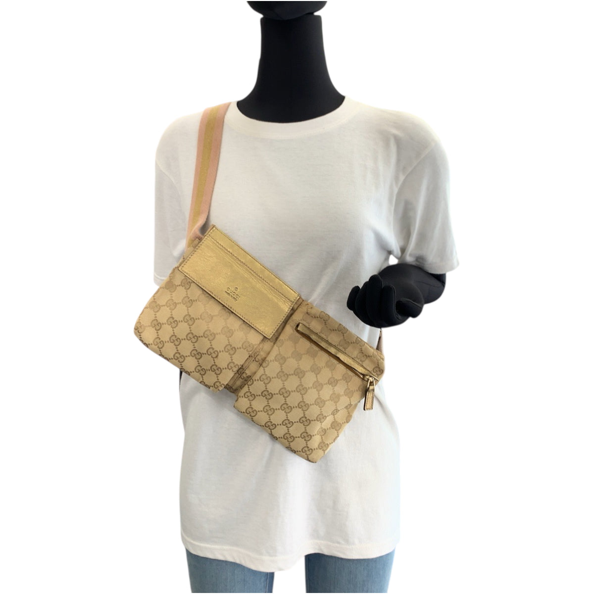 GUCCI Waist bag 28566 GG canvas Beige Gold Pink GoldMetal Waist Bag Bum Bag Sherry line Women Used Authentic