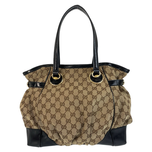 GUCCI Tote Bag 203529 GG canvas, leather Beige Black Gold Metal Tote Bag Shoulder Bag Women Used Authentic