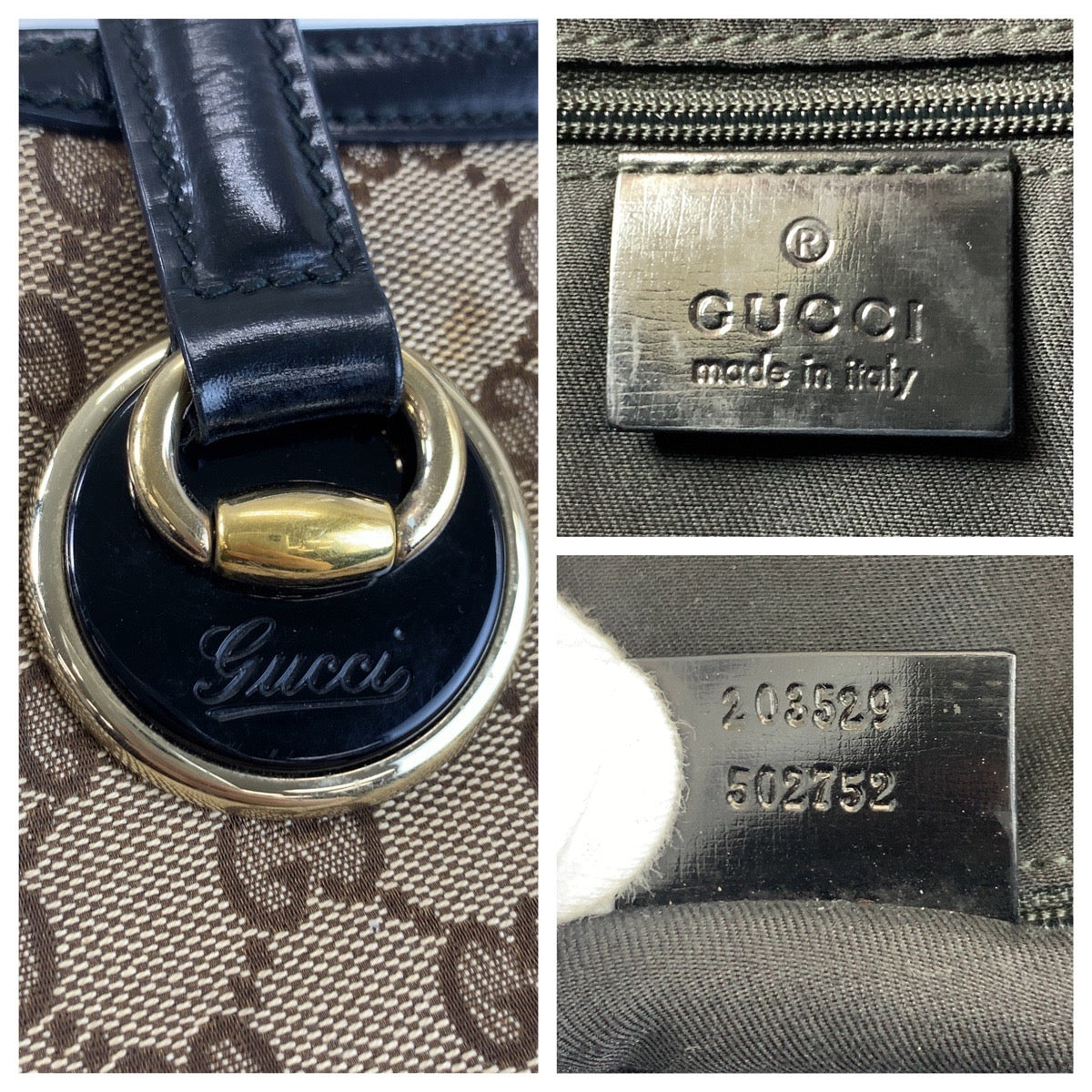 GUCCI Tote Bag 203529 GG canvas, leather Beige Black Gold Metal Tote Bag Shoulder Bag Women Used Authentic