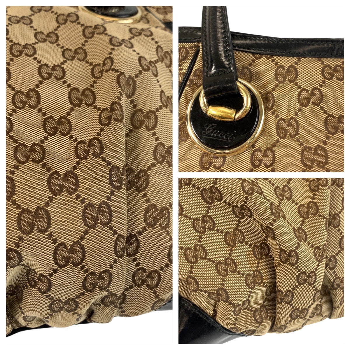 GUCCI Tote Bag 203529 GG canvas, leather Beige Black Gold Metal Tote Bag Shoulder Bag Women Used Authentic