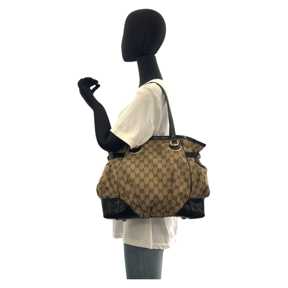 GUCCI Tote Bag 203529 GG canvas, leather Beige Black Gold Metal Tote Bag Shoulder Bag Women Used Authentic