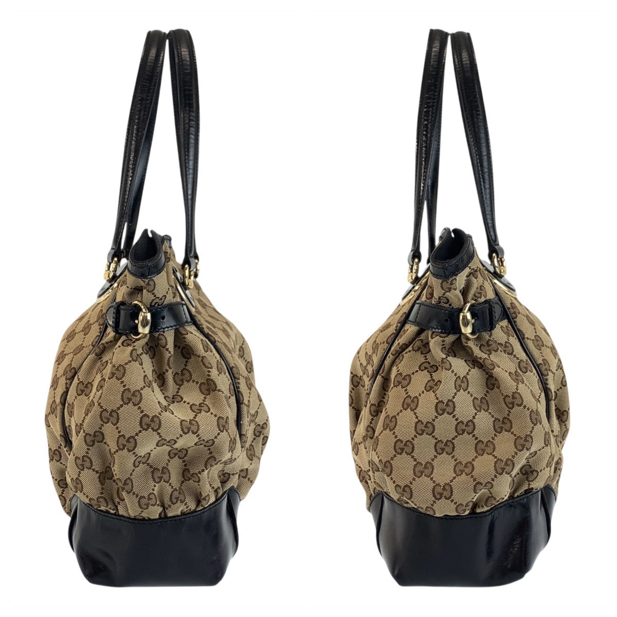 GUCCI Tote Bag 203529 GG canvas, leather Beige Black Gold Metal Tote Bag Shoulder Bag Women Used Authentic