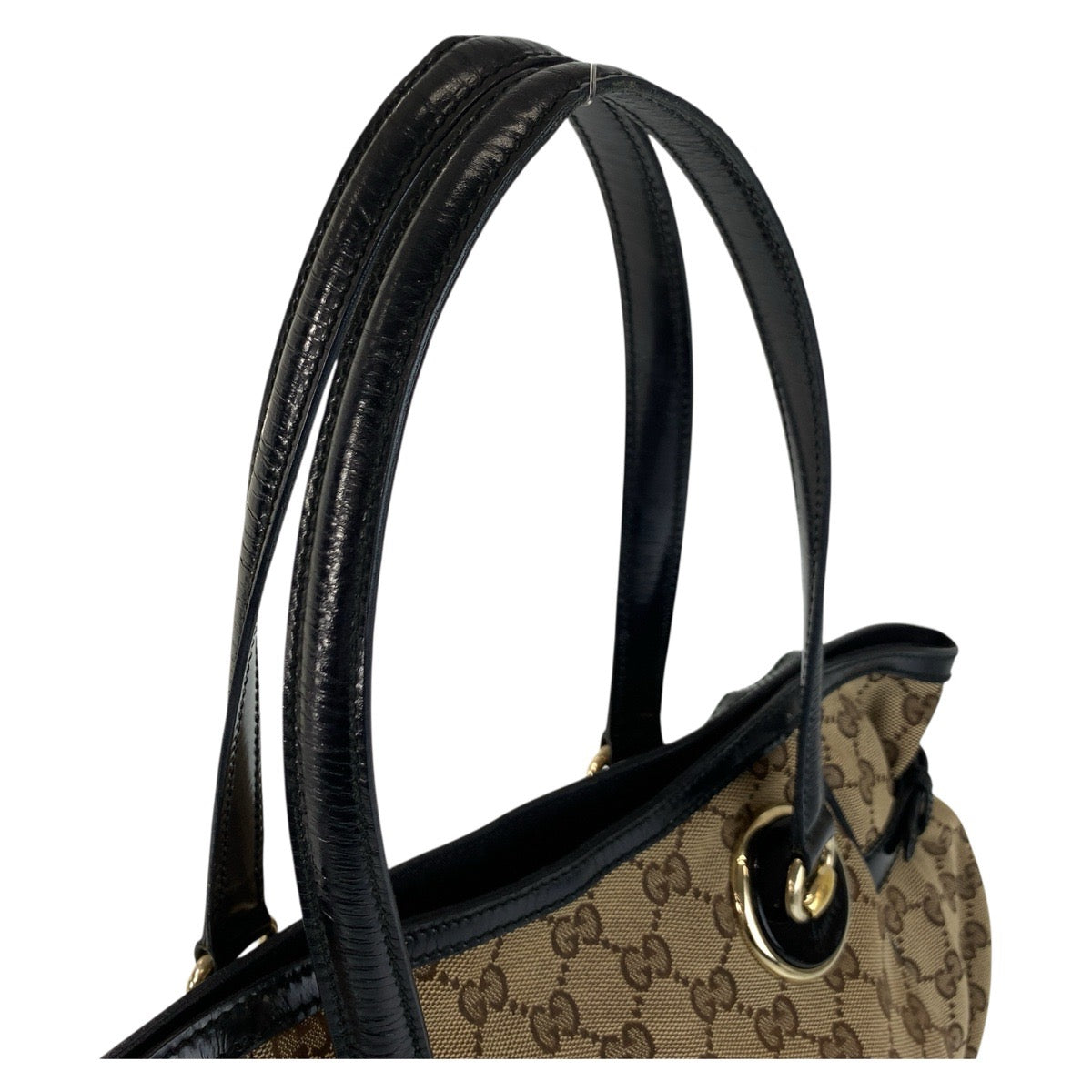 GUCCI Tote Bag 203529 GG canvas, leather Beige Black Gold Metal Tote Bag Shoulder Bag Women Used Authentic