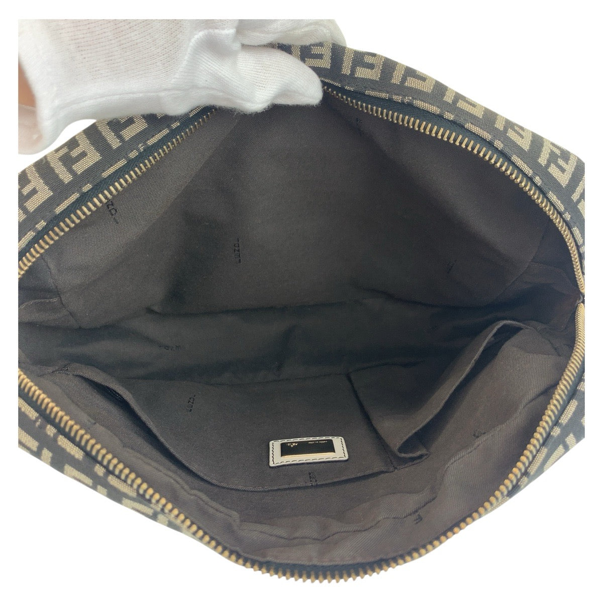 FENDI Shoulder Bag Canvas, Leather Black White Gold Metal Shoulder Bag pochette Zucchino Mamma Women Used Authentic