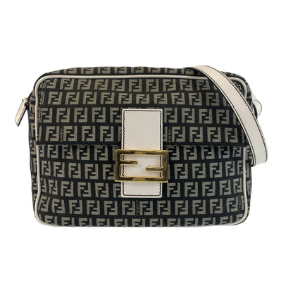 FENDI Shoulder Bag Canvas, Leather Black White Gold Metal Shoulder Bag pochette Zucchino Mamma Women Used Authentic