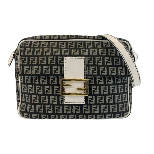 FENDI Shoulder Bag Canvas, Leather Black White Gold Metal Shoulder Bag pochette Zucchino Mamma Women Used Authentic