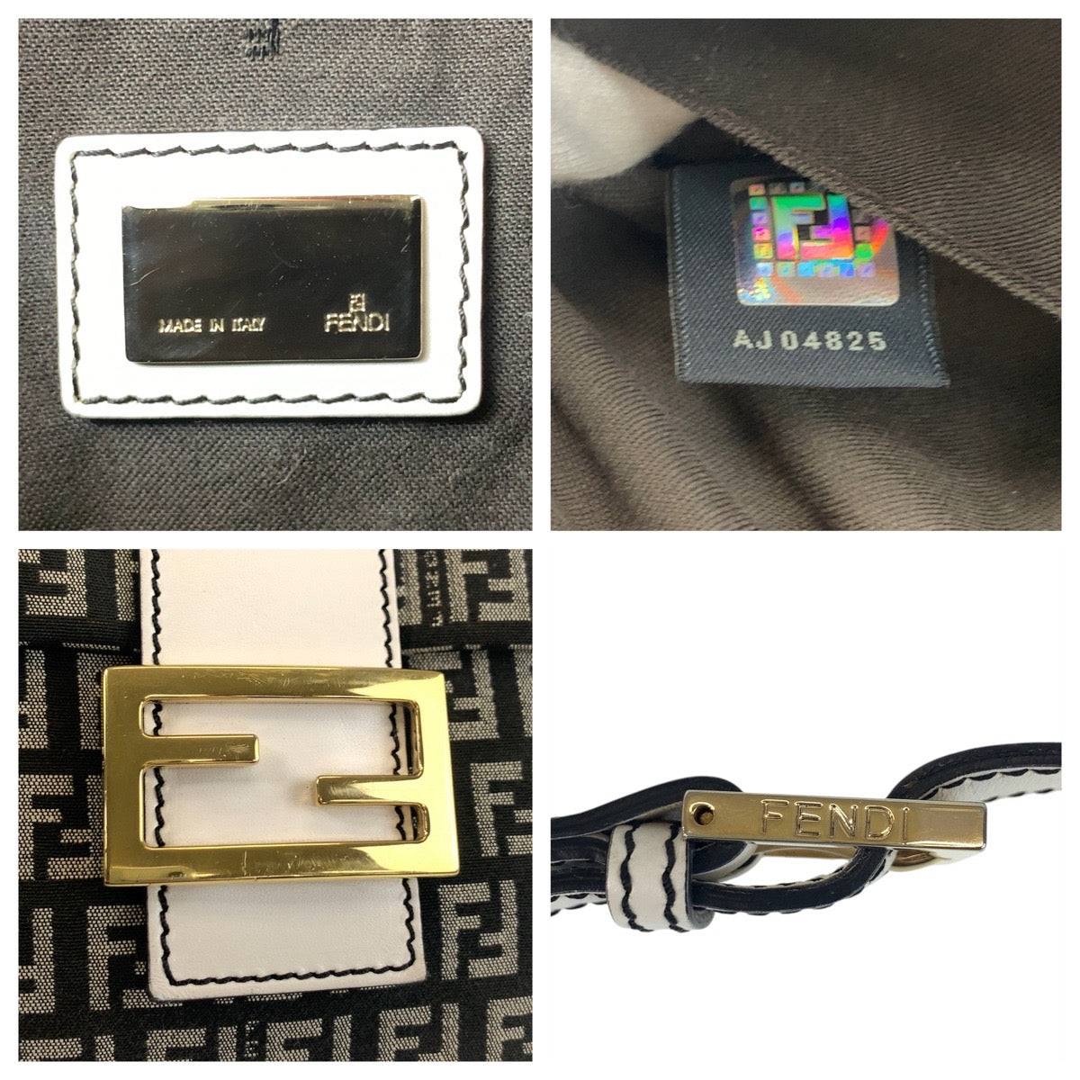 FENDI Shoulder Bag Canvas, Leather Black White Gold Metal Shoulder Bag pochette Zucchino Mamma Women Used Authentic