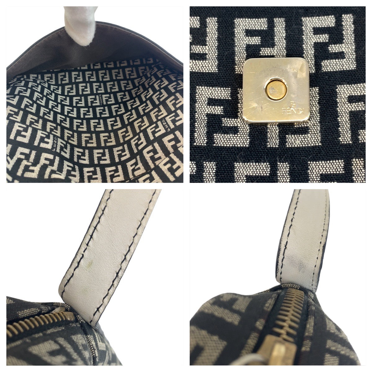 FENDI Shoulder Bag Canvas, Leather Black White Gold Metal Shoulder Bag pochette Zucchino Mamma Women Used Authentic