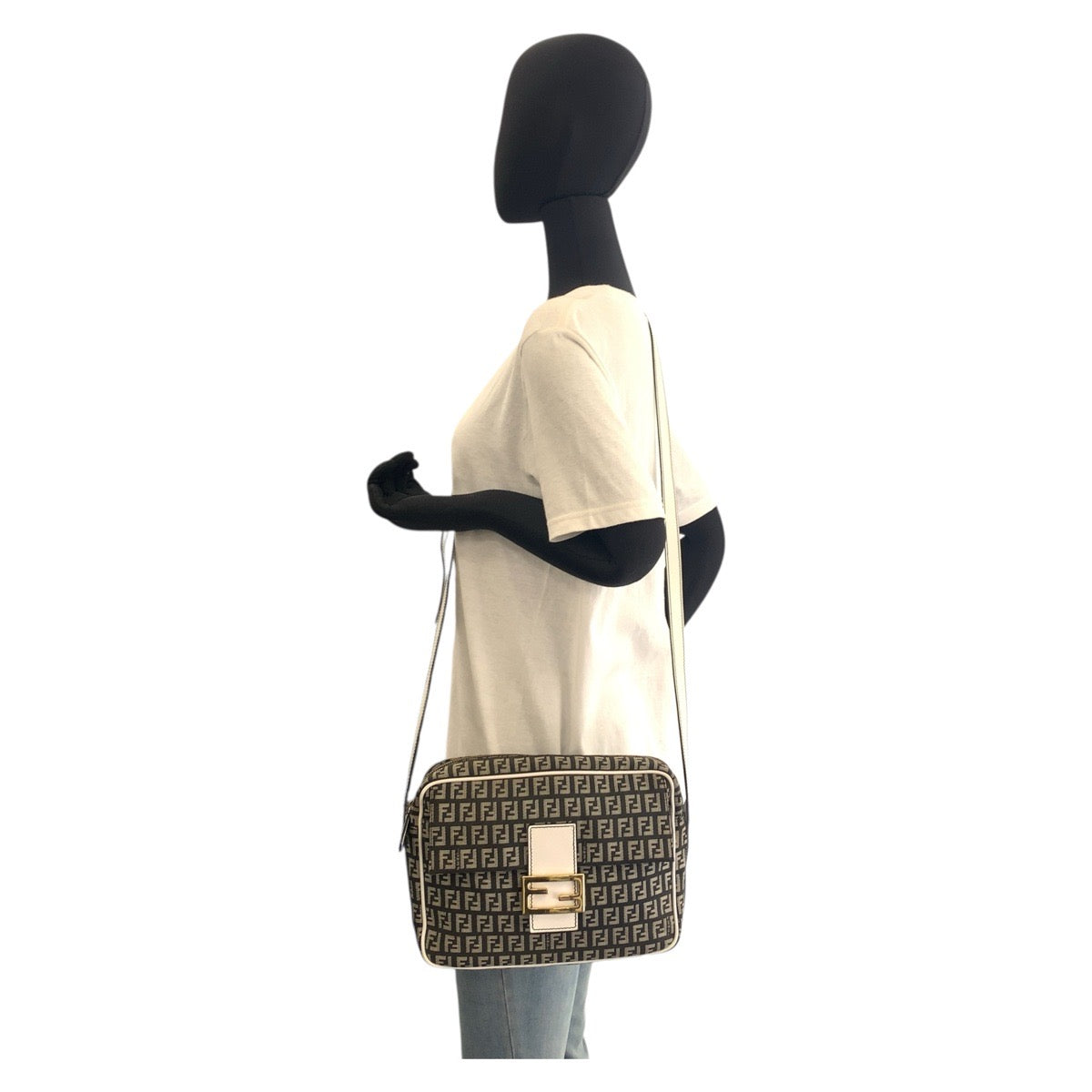 FENDI Shoulder Bag Canvas, Leather Black White Gold Metal Shoulder Bag pochette Zucchino Mamma Women Used Authentic