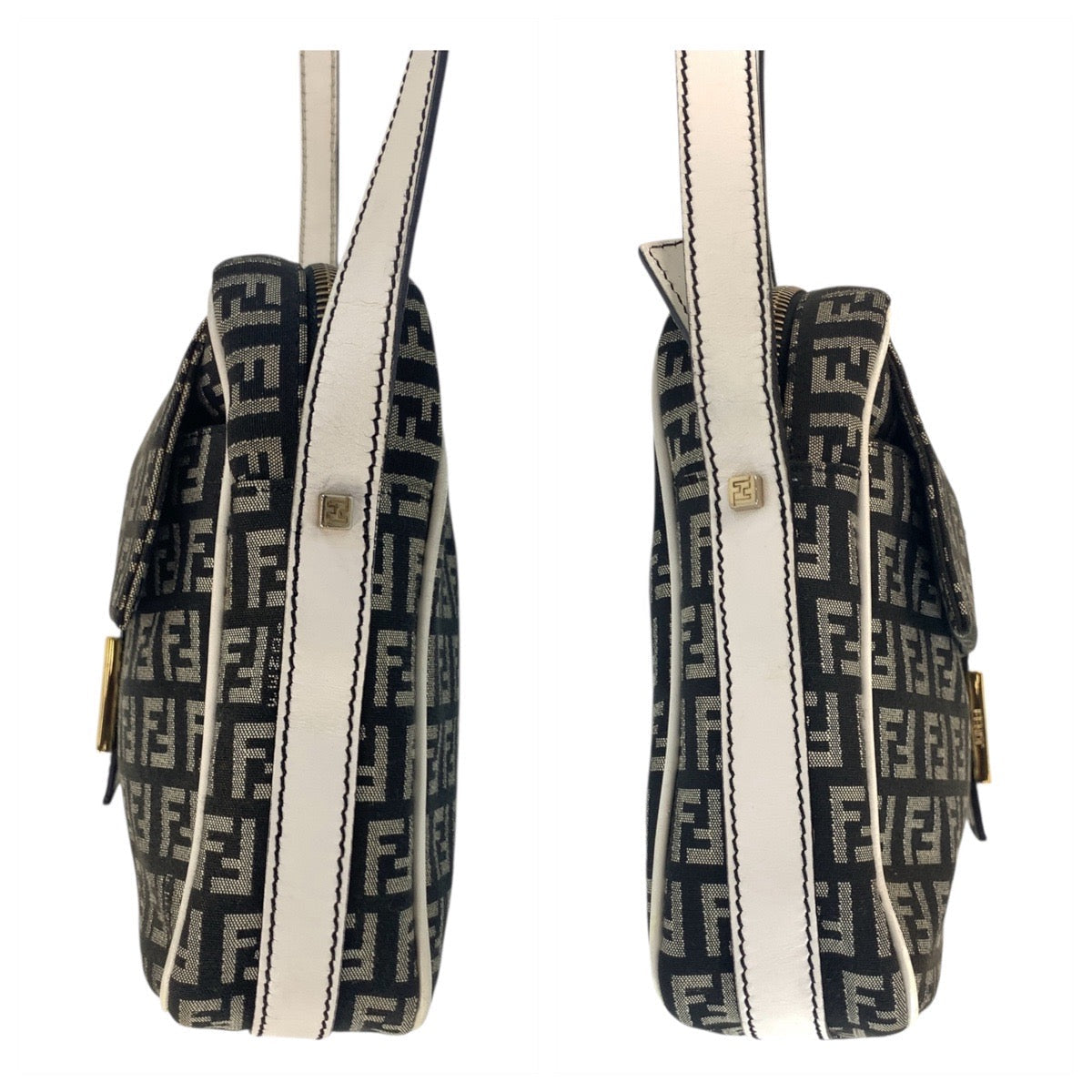FENDI Shoulder Bag Canvas, Leather Black White Gold Metal Shoulder Bag pochette Zucchino Mamma Women Used Authentic