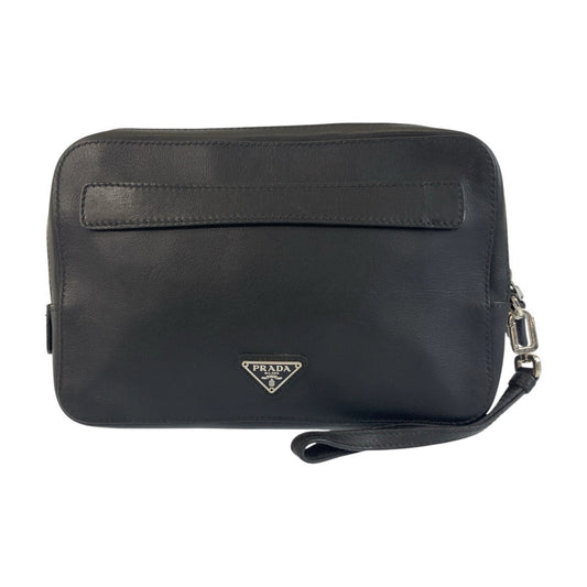 PRADA Clutch bag leather Black SilverMetal Clutch bag business bag Triangle With logo mens Used Authentic