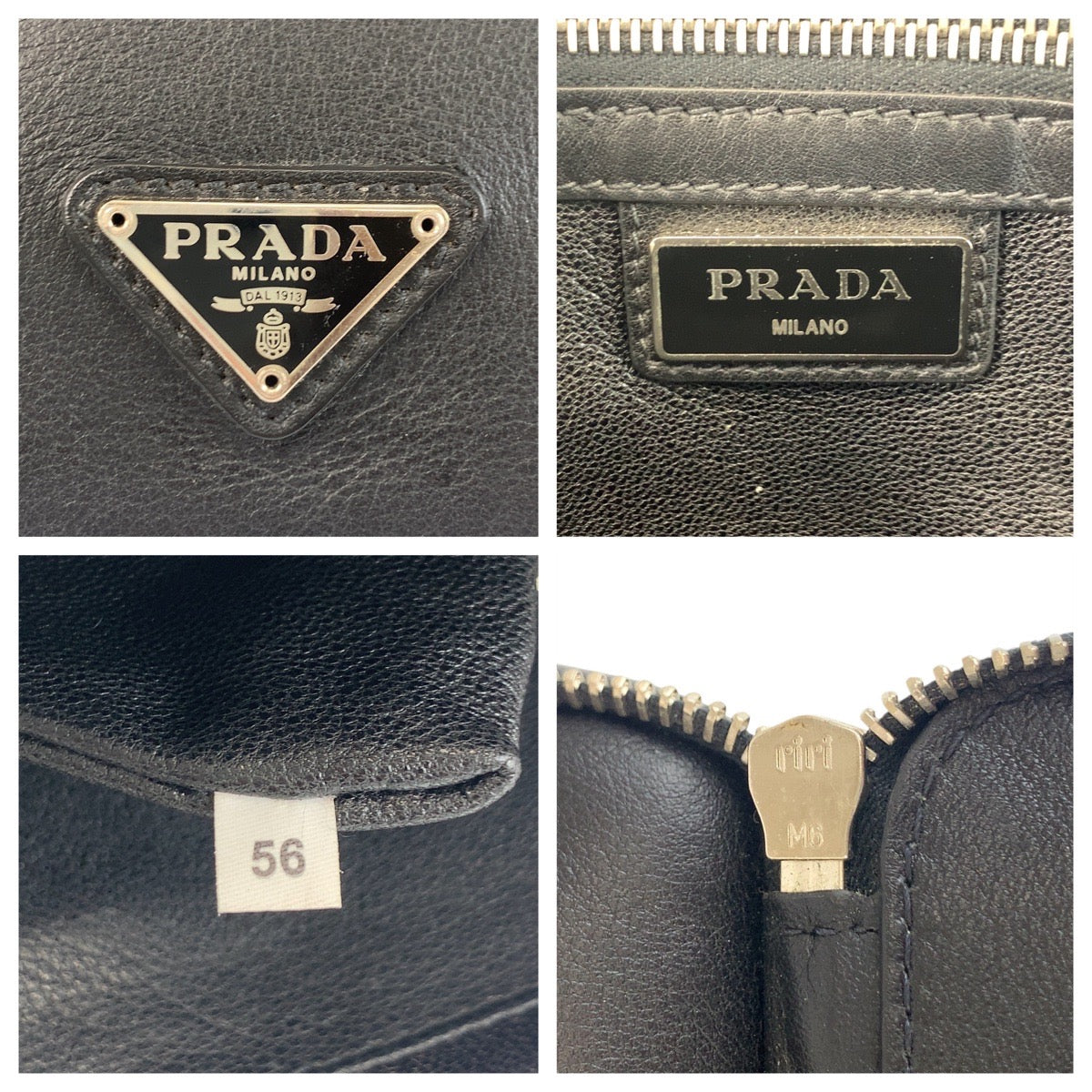 PRADA Clutch bag leather Black SilverMetal Clutch bag business bag Triangle With logo mens Used Authentic