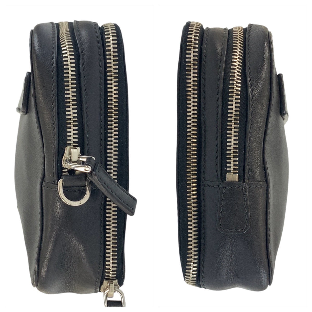 PRADA Clutch bag leather Black SilverMetal Clutch bag business bag Triangle With logo mens Used Authentic