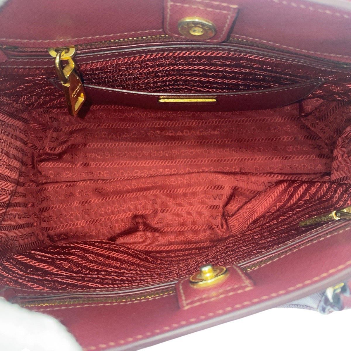 PRADA Handbag leather Red Wine Red Gold Metal Handbag Tote Bag Shoulder Bag 2WAY Safiano Triangle With logo Women Used Authentic