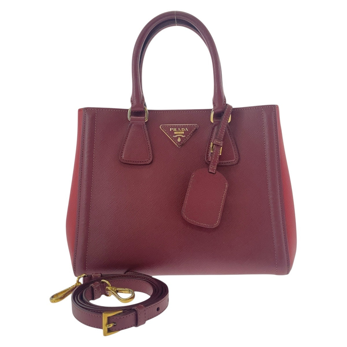 PRADA Handbag leather Red Wine Red Gold Metal Handbag Tote Bag Shoulder Bag 2WAY Safiano Triangle With logo Women Used Authentic