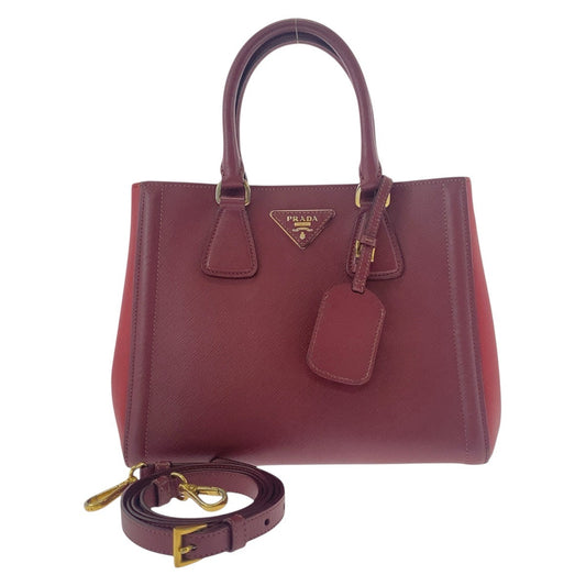 PRADA Handbag leather Red Wine Red Gold Metal Handbag Tote Bag Shoulder Bag 2WAY Safiano Triangle With logo Women Used Authentic