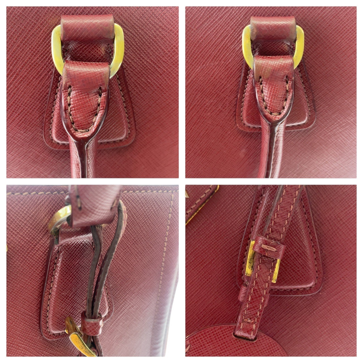 PRADA Handbag leather Red Wine Red Gold Metal Handbag Tote Bag Shoulder Bag 2WAY Safiano Triangle With logo Women Used Authentic