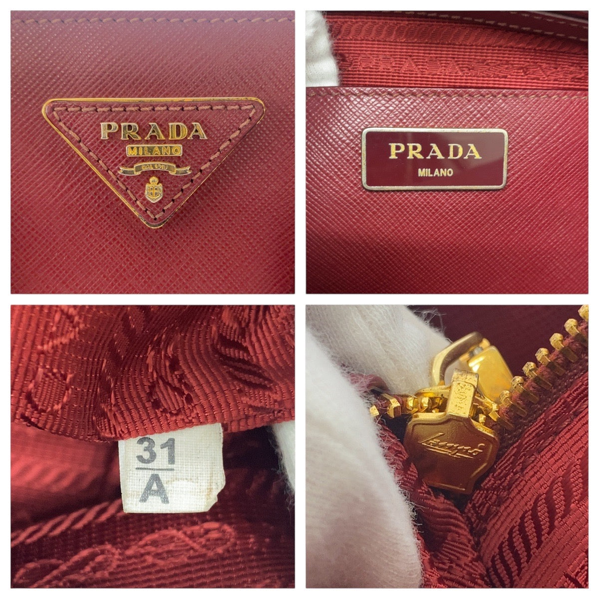 PRADA Handbag leather Red Wine Red Gold Metal Handbag Tote Bag Shoulder Bag 2WAY Safiano Triangle With logo Women Used Authentic