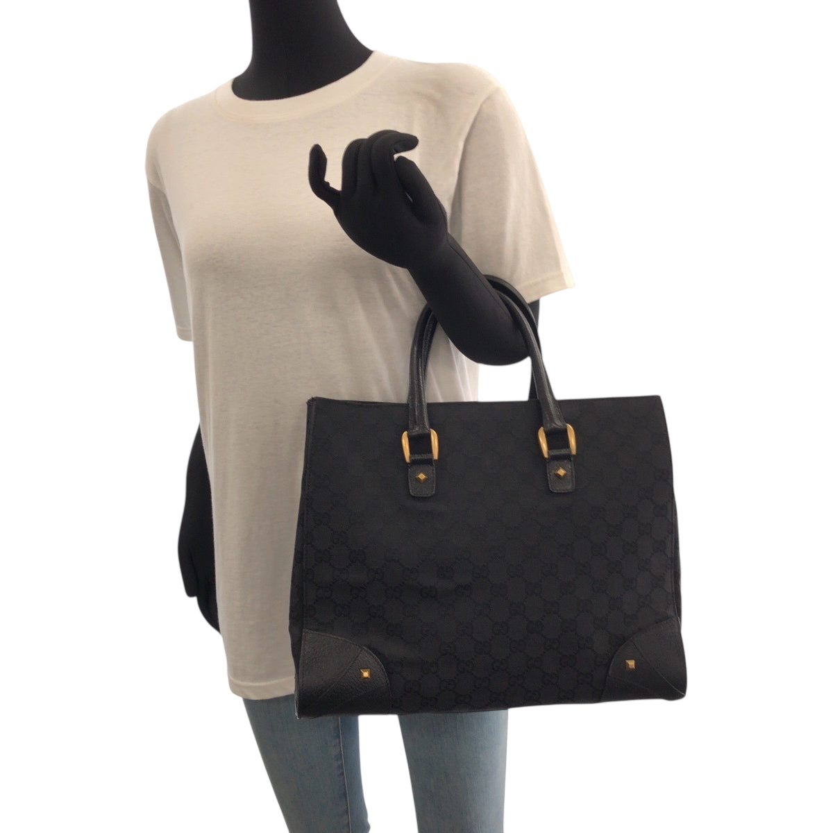 GUCCI Tote Bag 120897 GG canvas Black GoldMetal Tote Bag Shoulder Bag Women Used Authentic