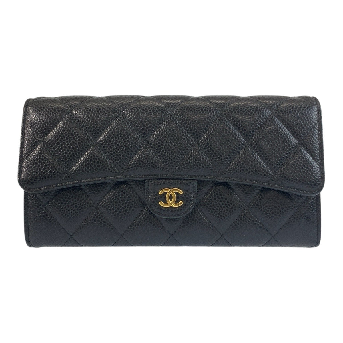 CHANEL Long Wallet Purse Caviar skin Black GoldMetal Long Wallet Purse Matrasse COCO Mark Women Used Authentic