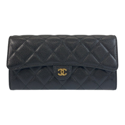CHANEL Long Wallet Purse Caviar skin Black GoldMetal Long Wallet Purse Matrasse COCO Mark Women Used Authentic
