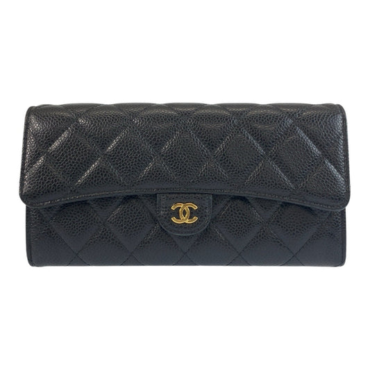CHANEL Long Wallet Purse Caviar skin Black GoldMetal Long Wallet Purse Matrasse COCO Mark Women Used Authentic