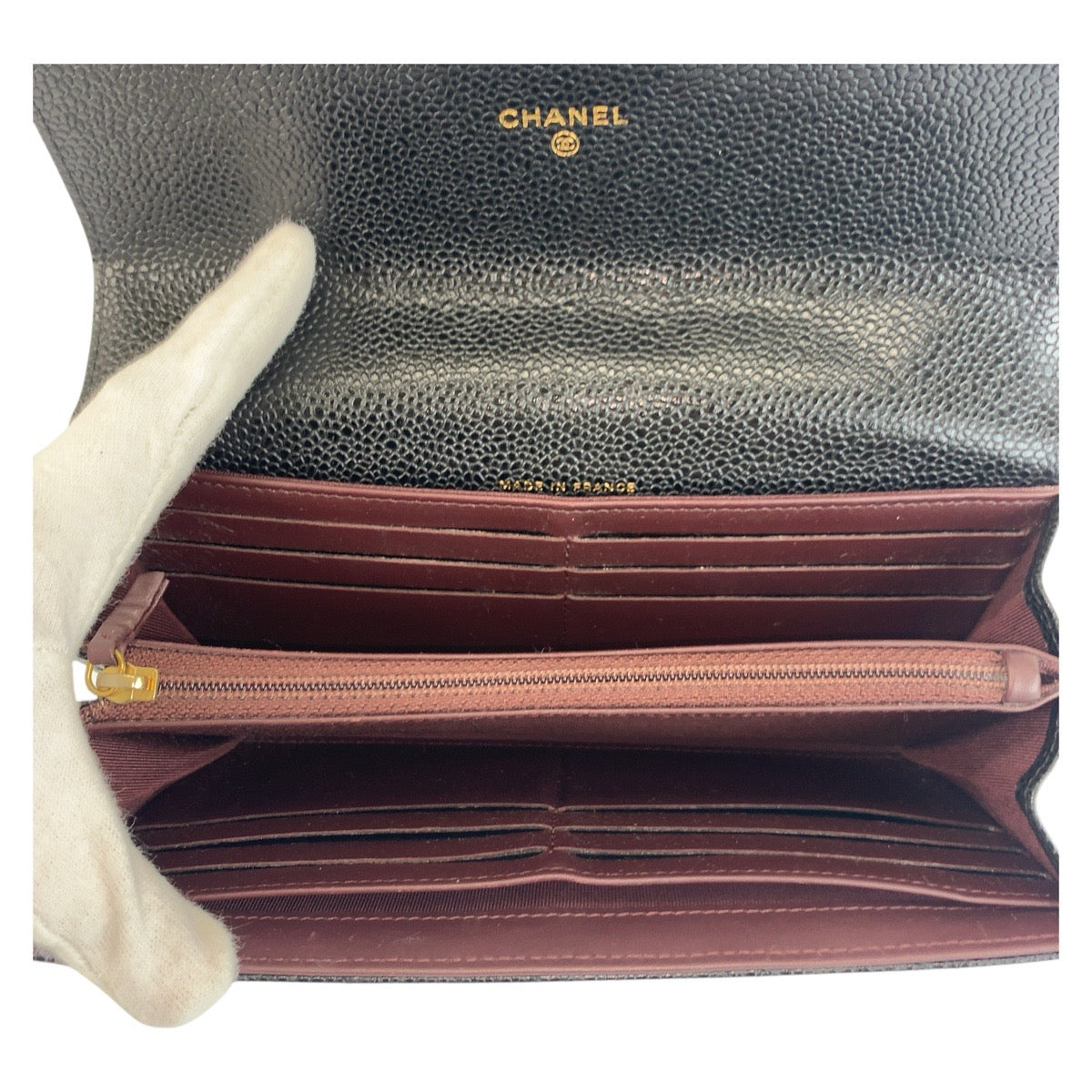 CHANEL Long Wallet Purse Caviar skin Black GoldMetal Long Wallet Purse Matrasse COCO Mark Women Used Authentic