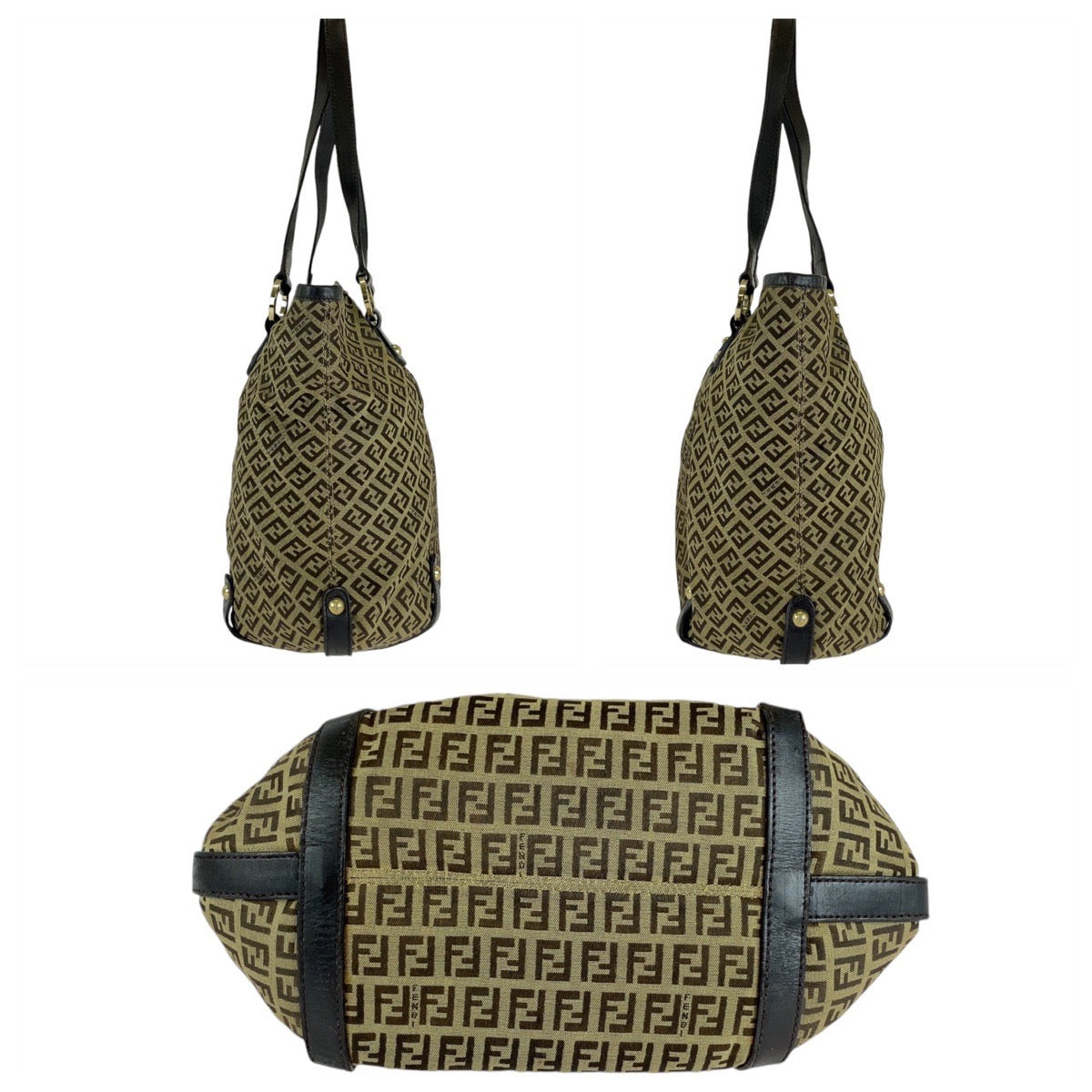 FENDI Tote Bag 8BH197 Canvas, Leather Brown Gold Metal Tote Bag Shoulder Bag Zucchino Women Used Authentic