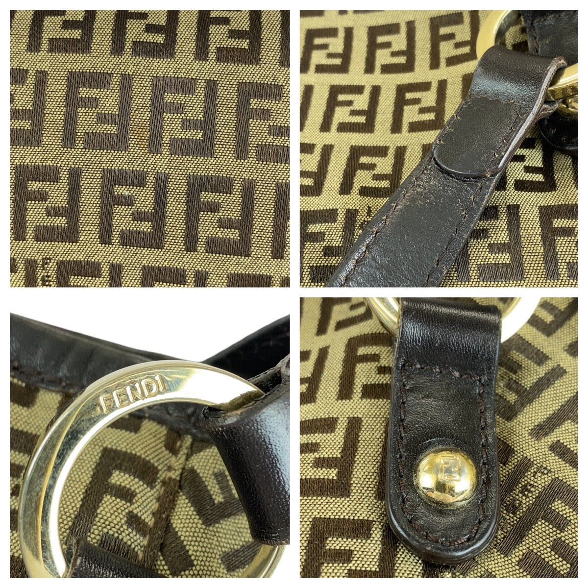FENDI Tote Bag 8BH197 Canvas, Leather Brown Gold Metal Tote Bag Shoulder Bag Zucchino Women Used Authentic