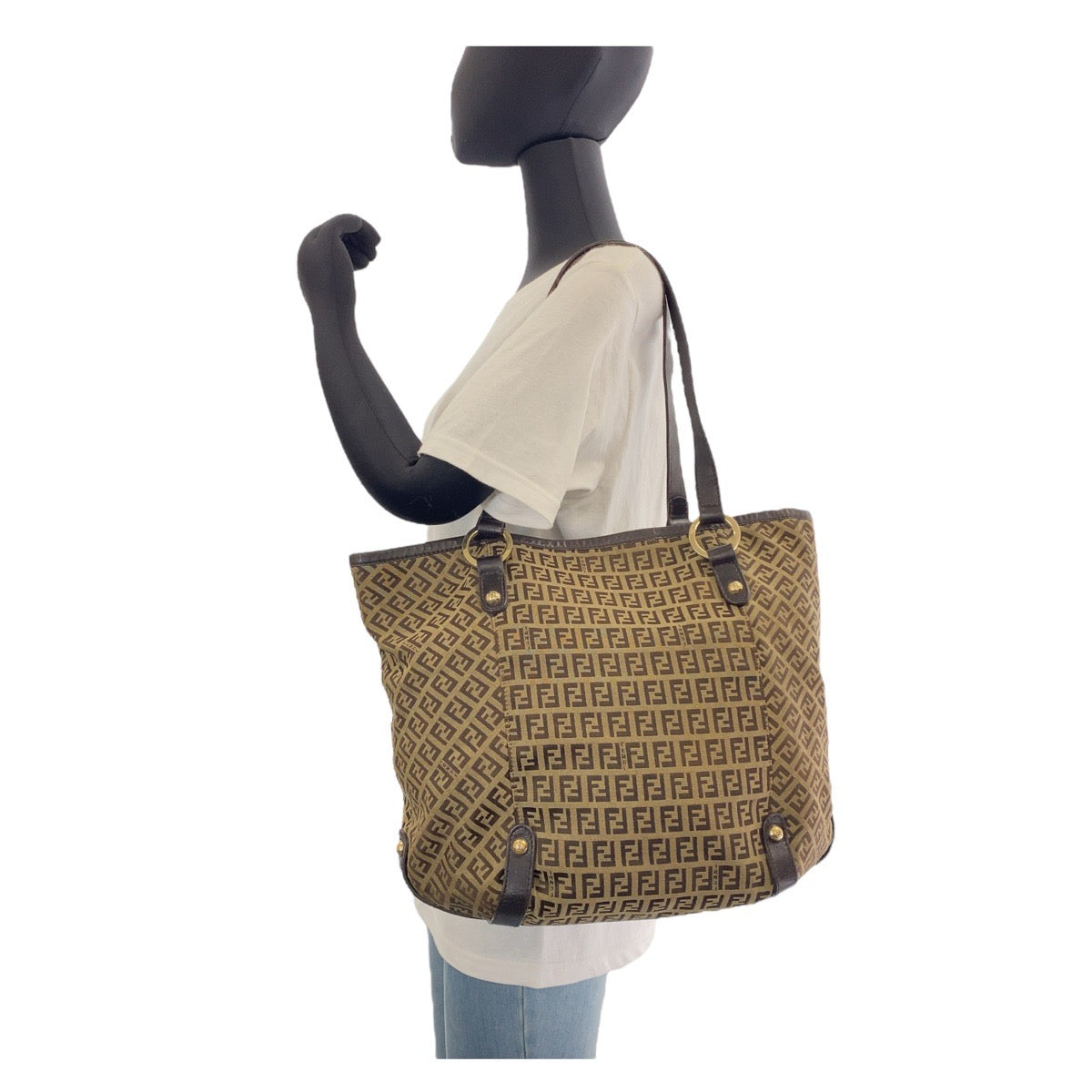 FENDI Tote Bag 8BH197 Canvas, Leather Brown Gold Metal Tote Bag Shoulder Bag Zucchino Women Used Authentic