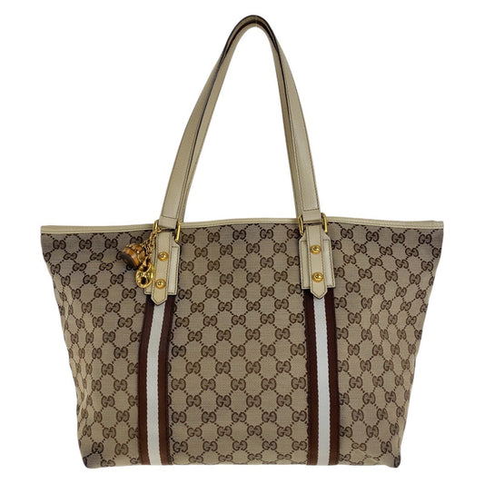 GUCCI Tote Bag 139260 GG canvas, leather Brown Gold Metal Tote Bag Shoulder Bag Shelly Line Bamboo Women Used Authentic