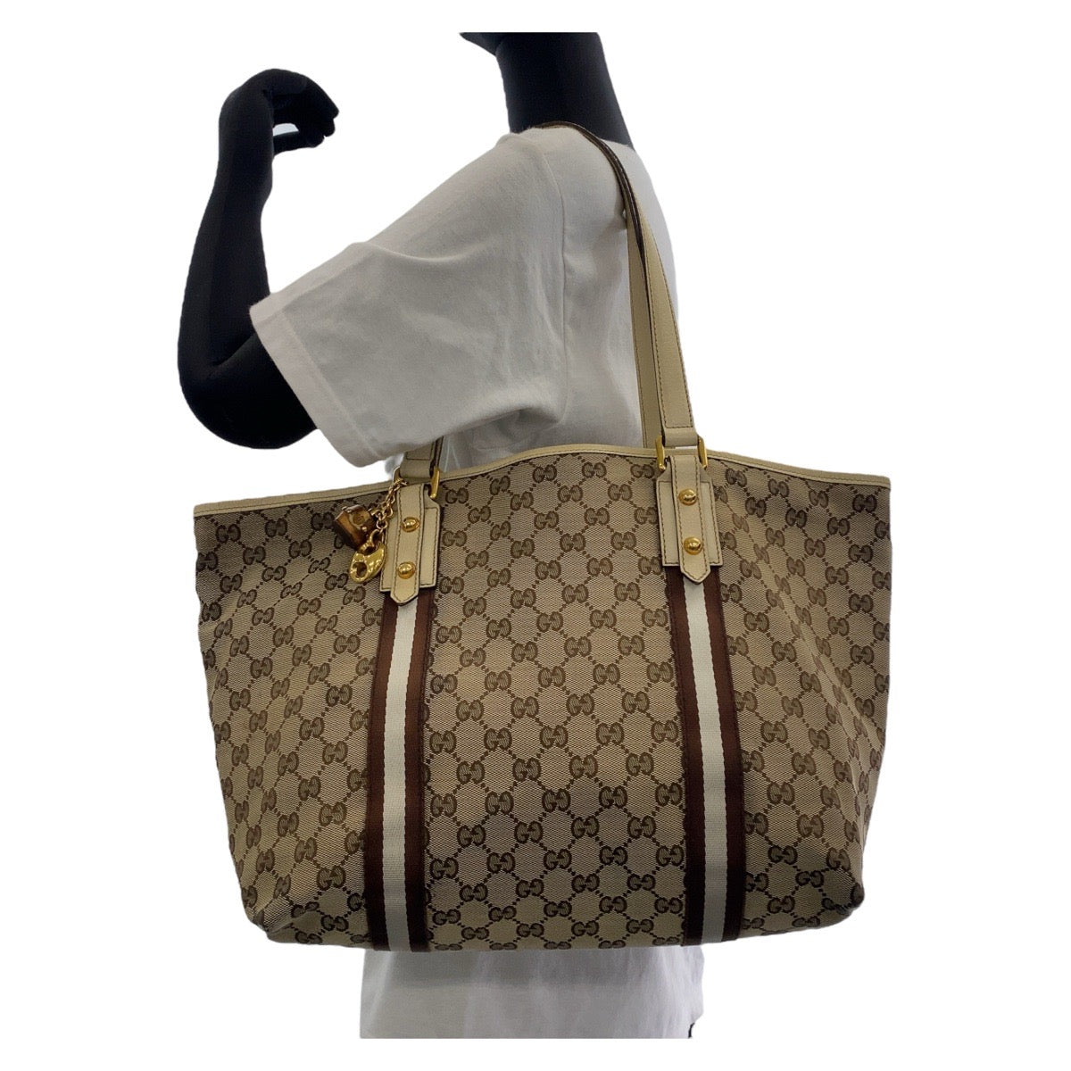 GUCCI Tote Bag 139260 GG canvas, leather Brown Gold Metal Tote Bag Shoulder Bag Shelly Line Bamboo Women Used Authentic