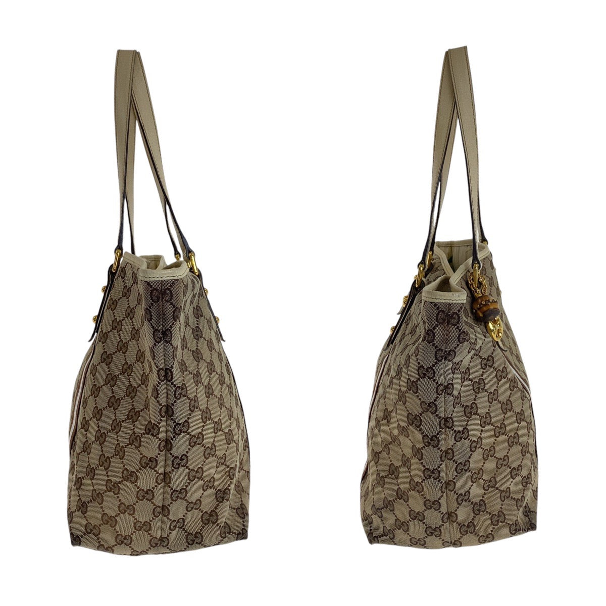 GUCCI Tote Bag 139260 GG canvas, leather Brown Gold Metal Tote Bag Shoulder Bag Shelly Line Bamboo Women Used Authentic