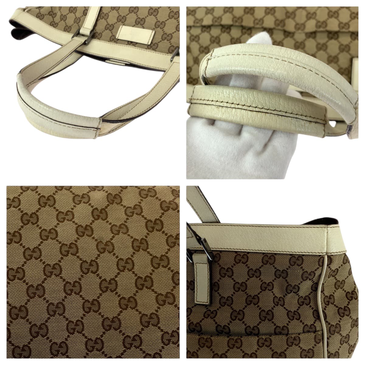 GUCCI Tote Bag 153213 GG canvas Beige White SilverMetal Tote Bag Shoulder Bag Women Used Authentic