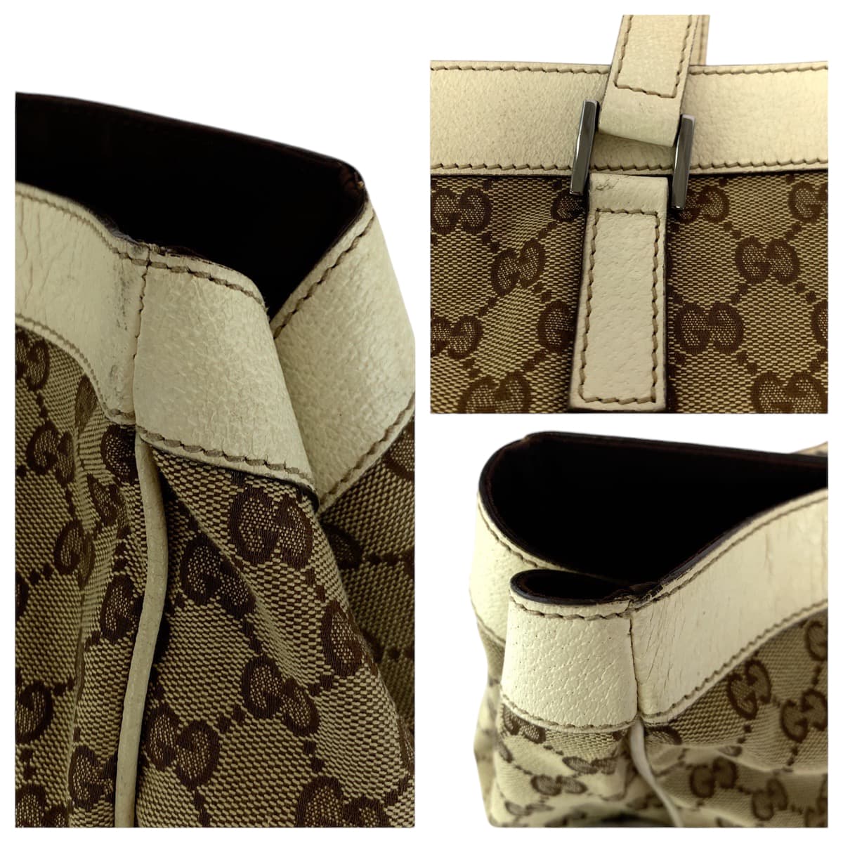 GUCCI Tote Bag 153213 GG canvas Beige White SilverMetal Tote Bag Shoulder Bag Women Used Authentic