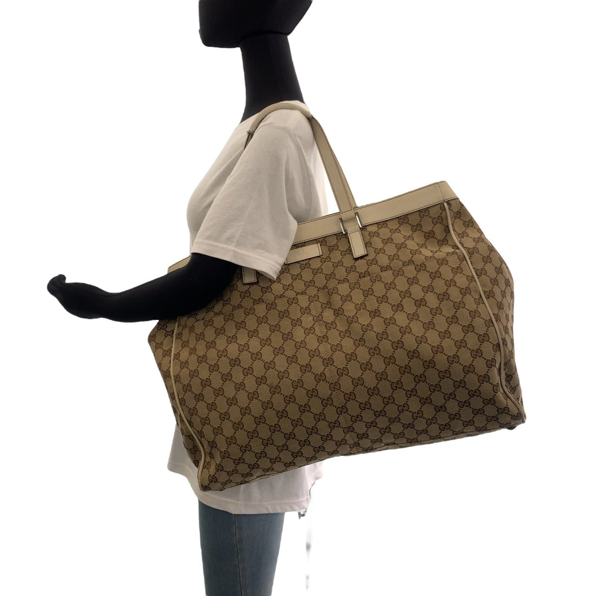 GUCCI Tote Bag 153213 GG canvas Beige White SilverMetal Tote Bag Shoulder Bag Women Used Authentic