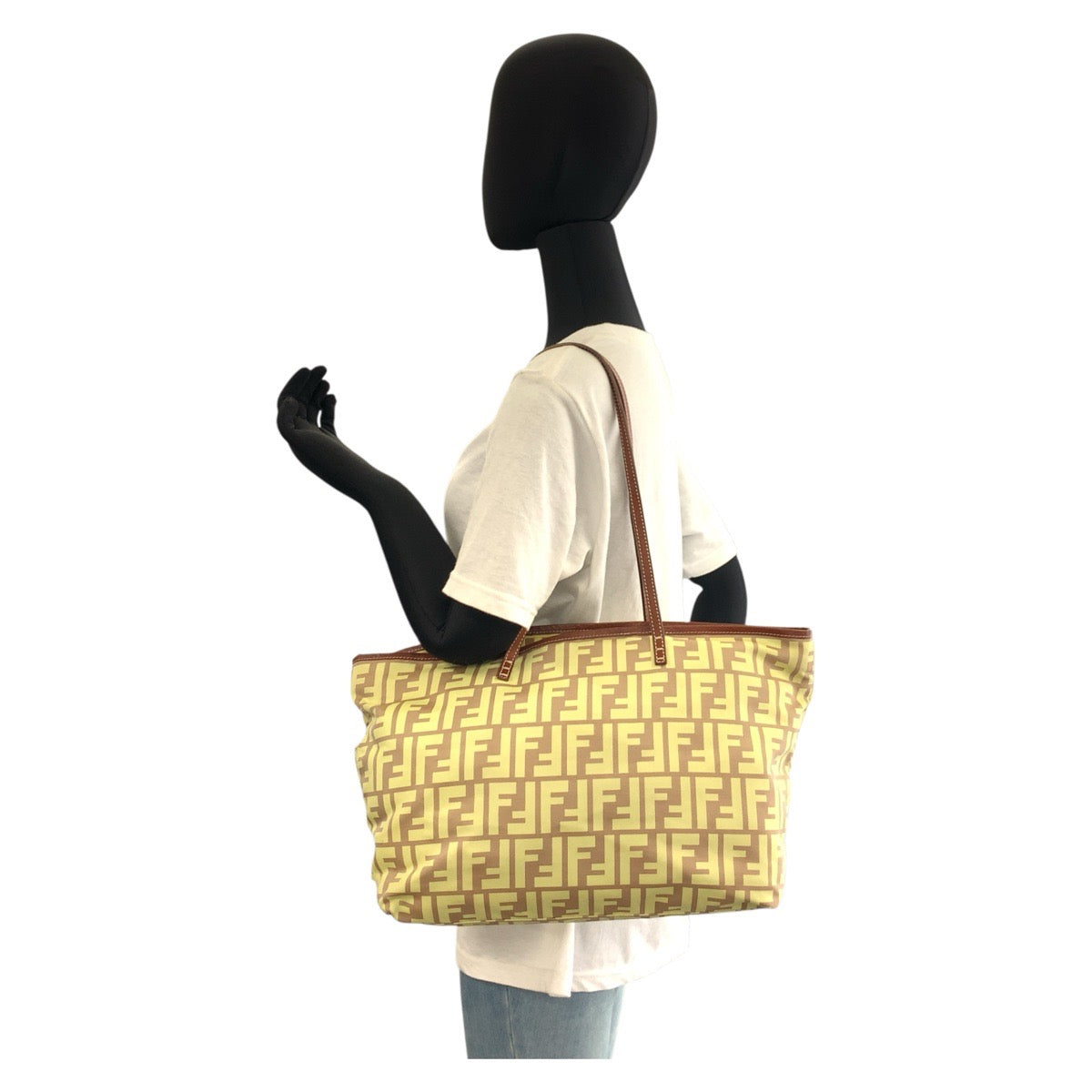 FENDI Tote Bag 8BH198 Nylon, Leather Yellow brown Tote Bag Shoulder Bag Zucca Women Used Authentic