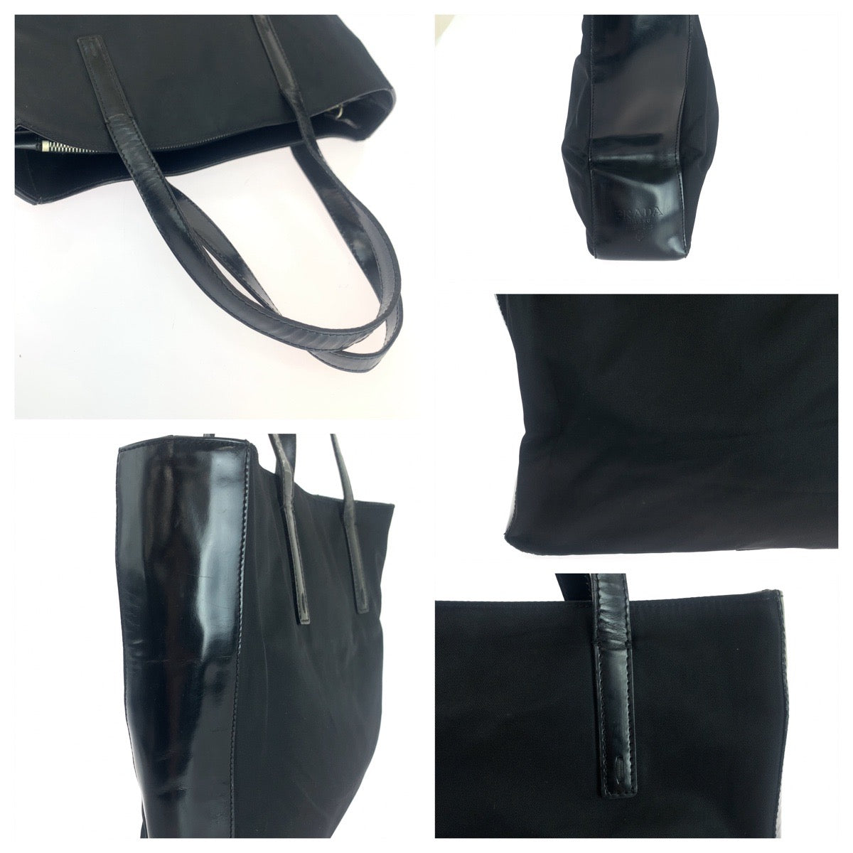 PRADA Tote Bag Nylon, Patent Leather Black SilverMetal Tote Bag Shoulder Bag Test logo Women Used Authentic