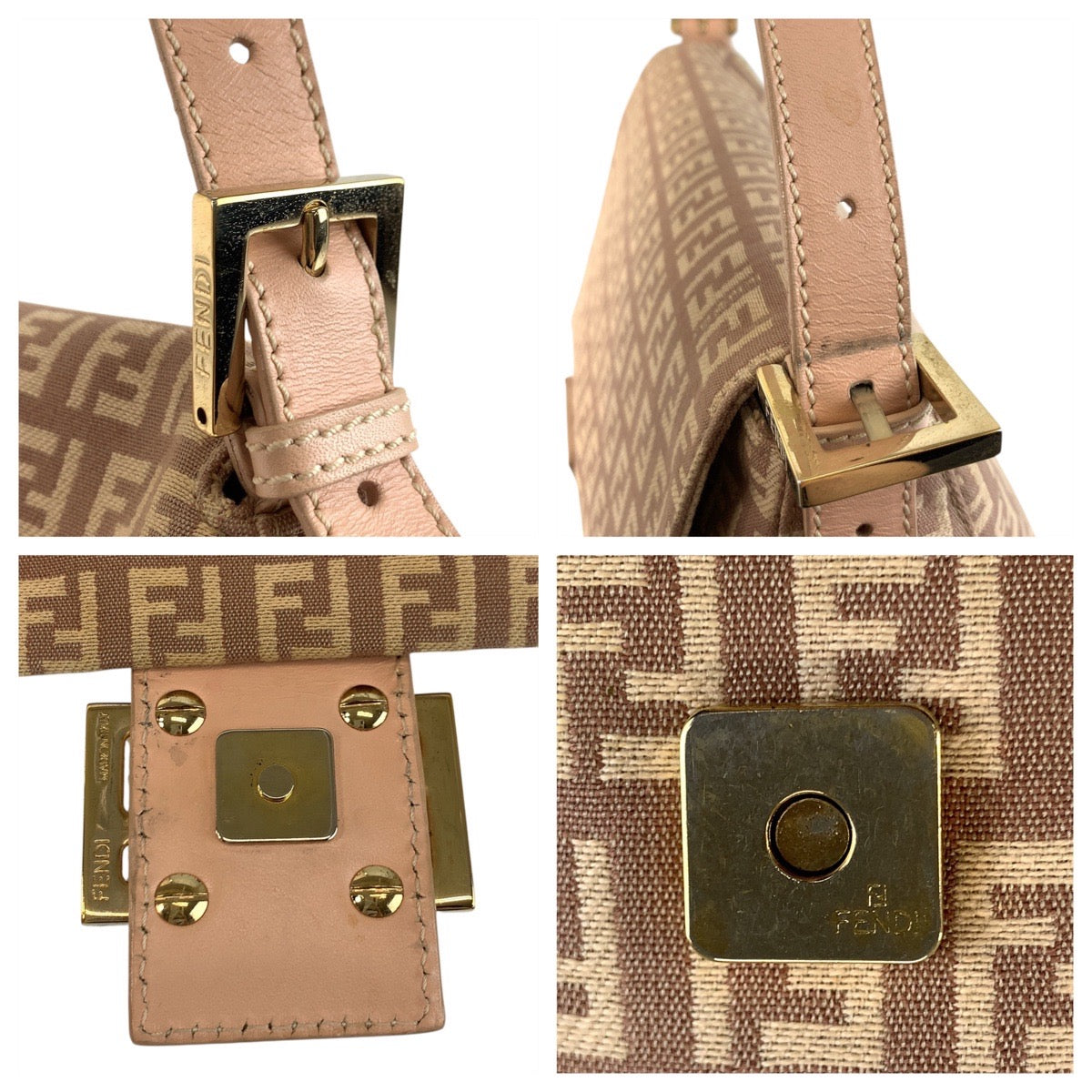 FENDI Shoulder Bag 8BR001LPN059 Canvas, Leather Pink Beige Gold Metal Zucchino Mamma Bucket Women Used Authentic
