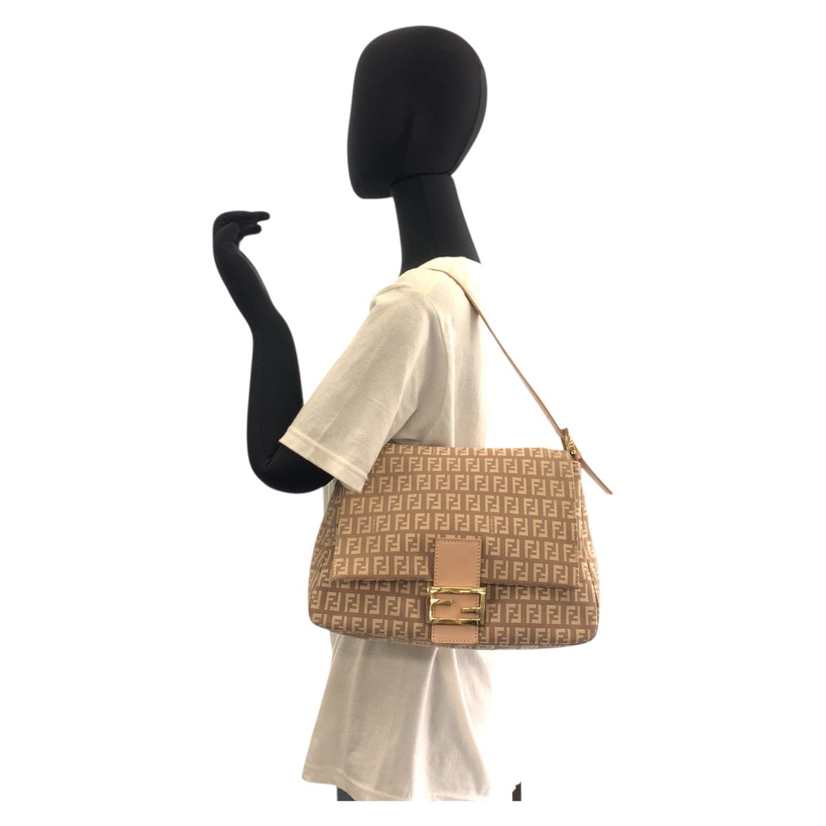 FENDI Shoulder Bag 8BR001LPN059 Canvas, Leather Pink Beige Gold Metal Zucchino Mamma Bucket Women Used Authentic