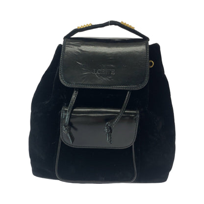 LOEWE Backpack Patent Leather, Suede Black Gold Metal Backpack Backpack Velazquez logo Women Used Authentic